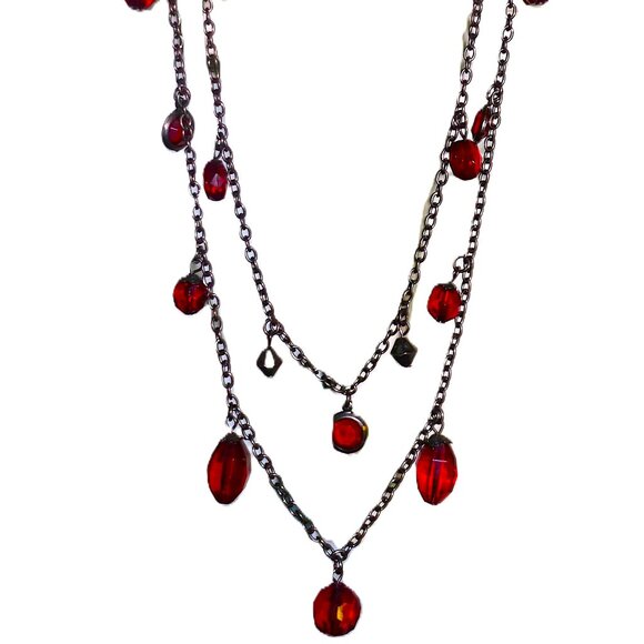 Silver Tone Burgundy Beads Dangle Long Necklace - Picture 1 of 7